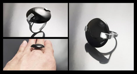 Round Black Ring, Sterling Silver, Statement Onyx Disc Gemstone, Modern Minimalist Jewelry, Domeded Round Stone Ring, Unique Designer Ring