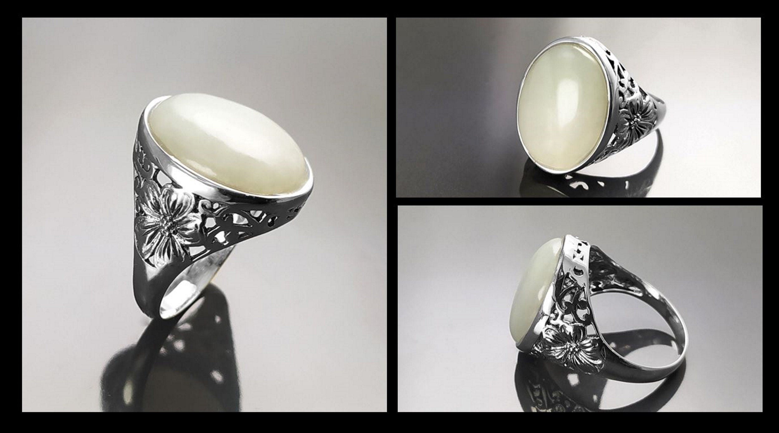 925 Green Jade Sterling Silver Ring, Vintage Filigree Design, Fantasy Silver Jewelry, Light Green Jade Stone Ring