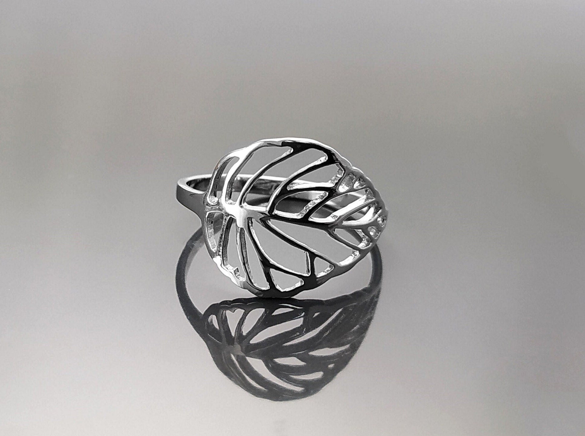 Leaf Ring, Sterling Silver, Rubber Ficus Plant Ring, Filigree Branch, Skeleton Leaf Veins Ring, Tropical, Nature, Greenery Jewelry