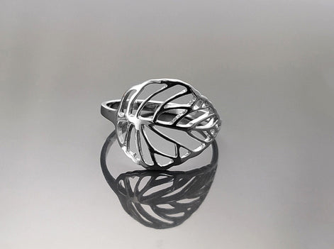 Leaf Ring, Sterling Silver, Rubber Ficus Plant Ring, Filigree Branch, Skeleton Leaf Veins Ring, Tropical, Nature, Greenery Jewelry