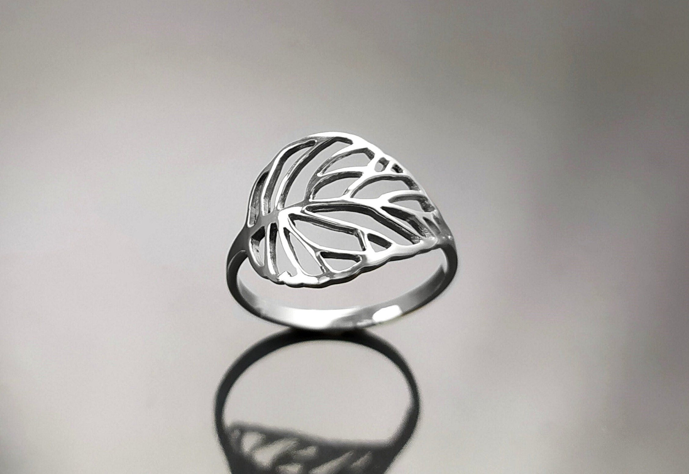 Leaf Ring, Sterling Silver, Rubber Ficus Plant Ring, Filigree Branch, Skeleton Leaf Veins Ring, Tropical, Nature, Greenery Jewelry