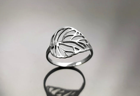 Leaf Ring, Sterling Silver, Rubber Ficus Plant Ring, Filigree Branch, Skeleton Leaf Veins Ring, Tropical, Nature, Greenery Jewelry