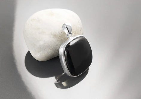 Big Black Rounded Square Pendant, Sterling Silver, Black Onyx Gemstone, Geometric Minimalist Design Round Jewelry, Statement Necklace