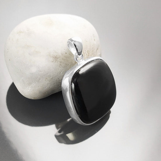 Big Black Rounded Square Pendant, Sterling Silver, Black Onyx Gemstone, Geometric Minimalist Design Round Jewelry, Statement Necklace