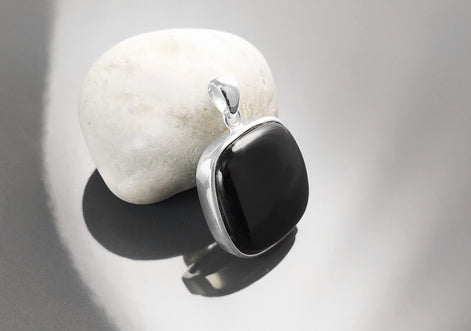 Big Black Rounded Square Earrings and Pendant, Sterling Silver, Black Onyx Gemstone, Geometric Minimalist Jewelry, Necklace, earrings set