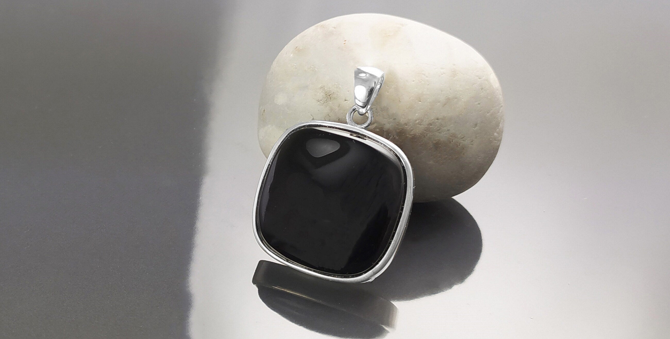 Big Black Rounded Square Earrings and Pendant, Sterling Silver, Black Onyx Gemstone, Geometric Minimalist Jewelry, Necklace, earrings set