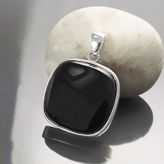 Big Black Rounded Square Earrings and Pendant, Sterling Silver, Black Onyx Gemstone, Geometric Minimalist Jewelry, Necklace, earrings set