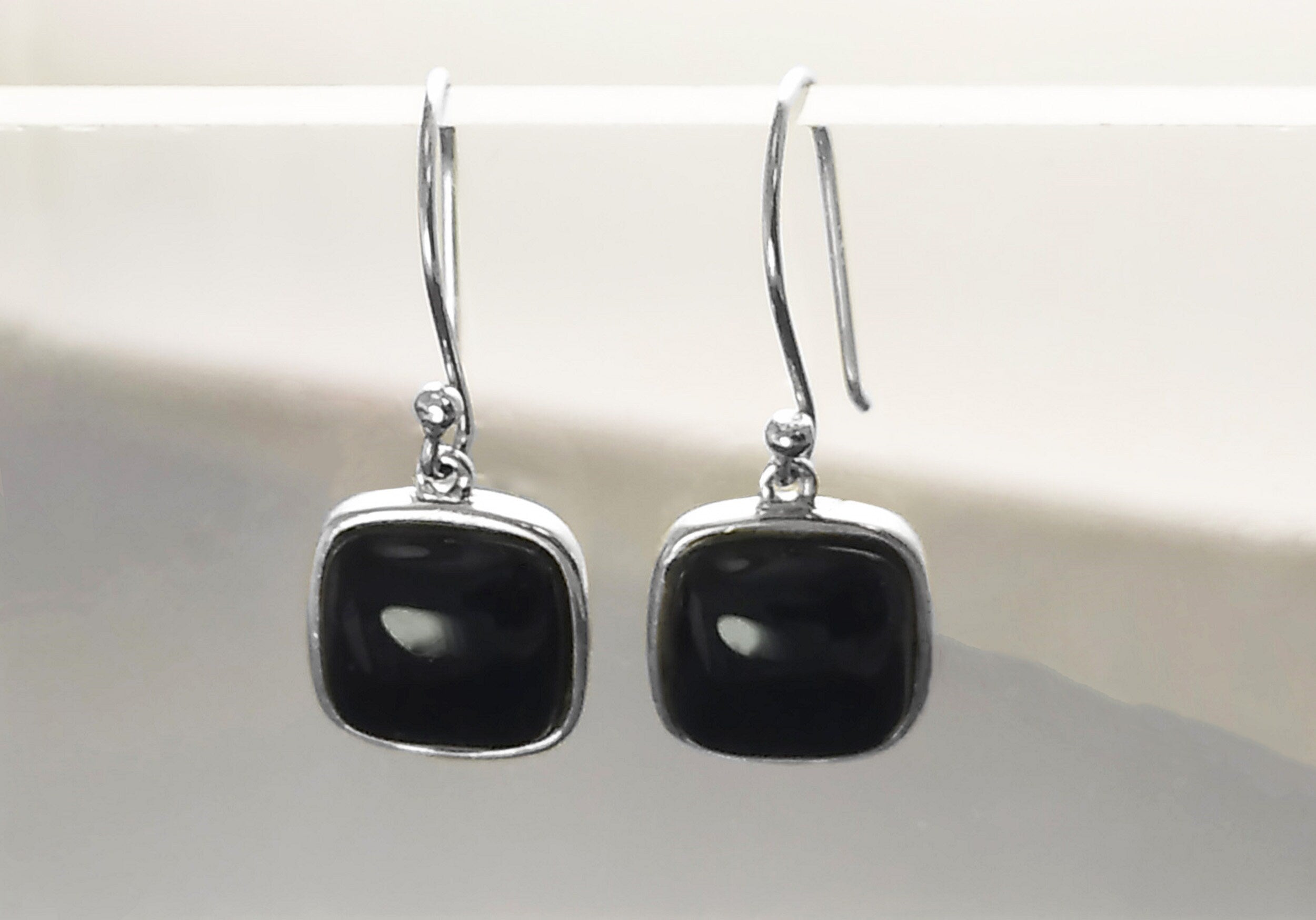 Big Black Rounded Square Earrings and Pendant, Sterling Silver, Black Onyx Gemstone, Geometric Minimalist Jewelry, Necklace, earrings set