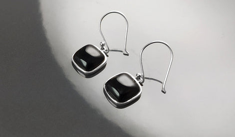 Big Black Rounded Square Pendant, Sterling Silver, Black Onyx Gemstone, Geometric Minimalist Design Round Jewelry, Statement Necklace