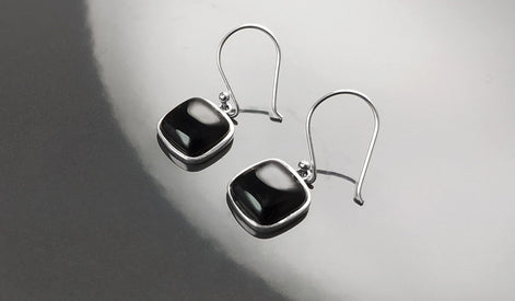 Big Black Rounded Square Earrings and Pendant, Sterling Silver, Black Onyx Gemstone, Geometric Minimalist Jewelry, Necklace, earrings set