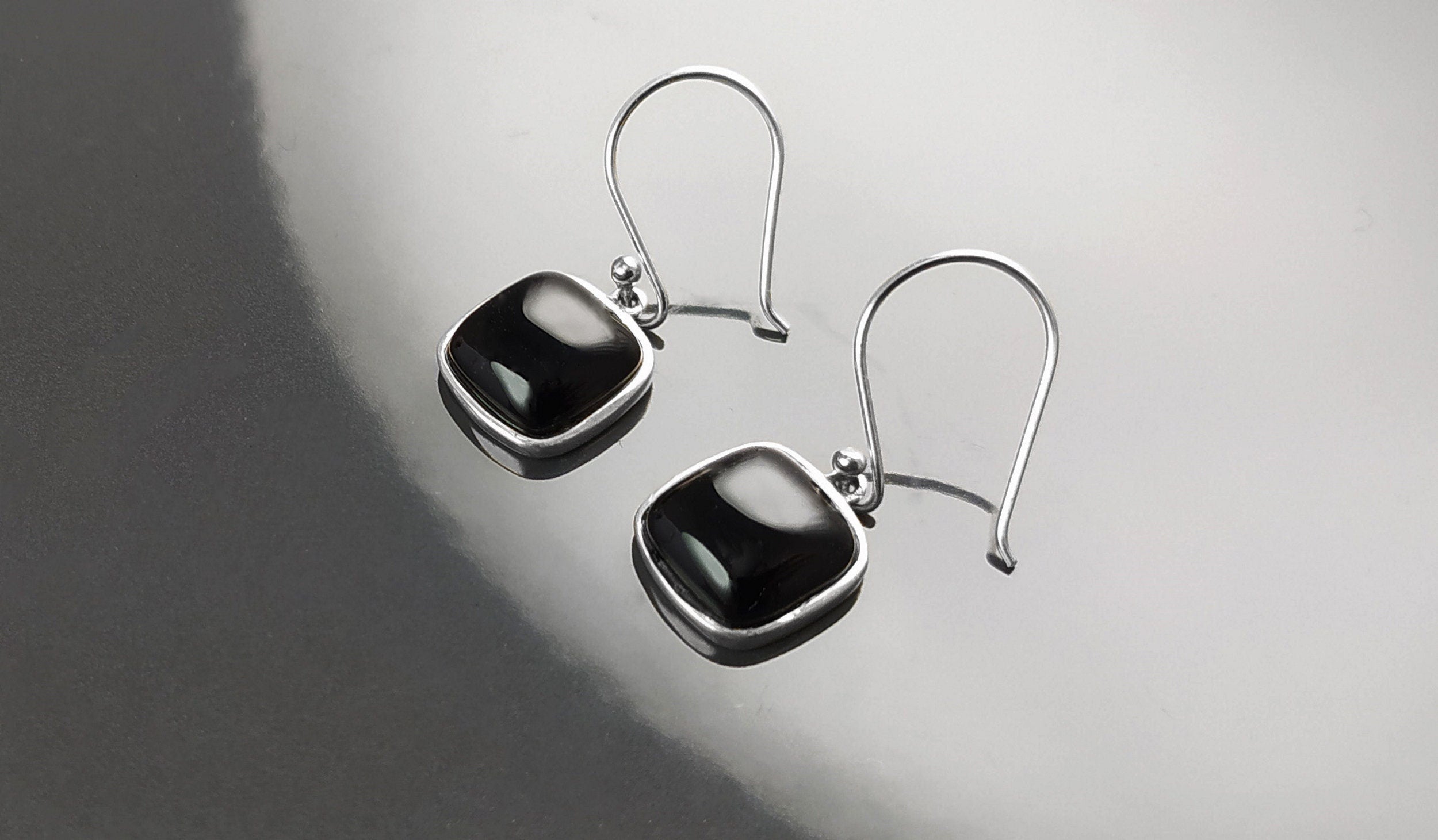 Drop Square Onyx Sterling Silver Earrings, Geometric Minimalist Gemstone Jewelry