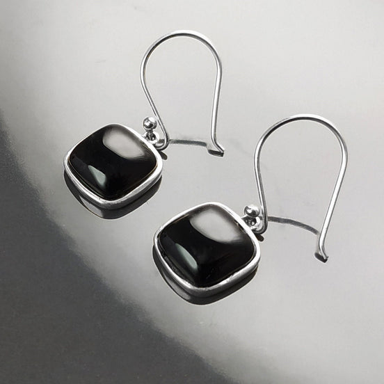 Drop Square Onyx Sterling Silver Earrings, Geometric Minimalist Gemstone Jewelry