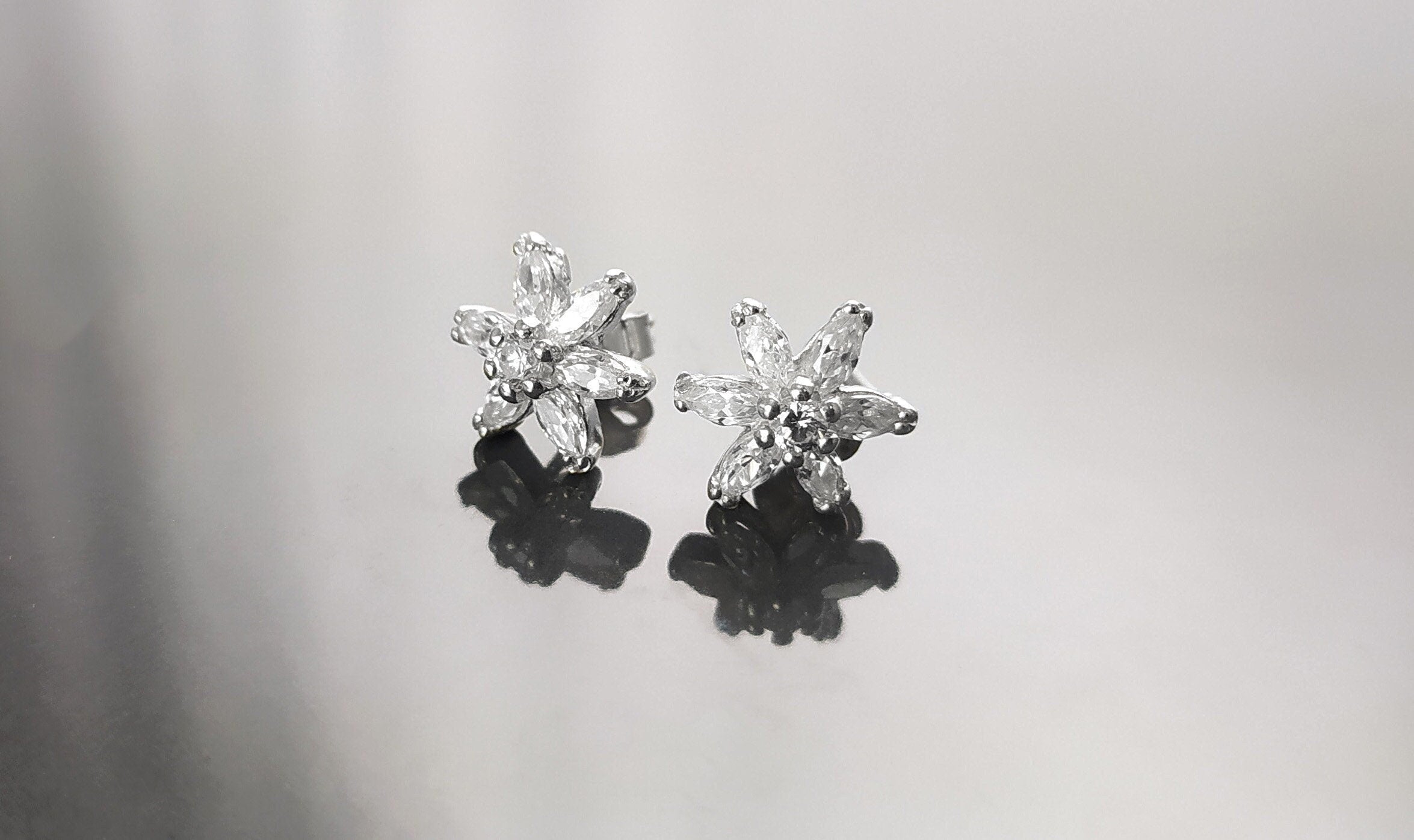Classic Flower Earrings, Sterling Silver, Dainty Studs, White Color Cz, Tiny Floral jewelry By KRAMIKE