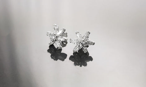 Classic Flower Earrings, Sterling Silver, Dainty Studs, White Color Cz, Tiny Floral jewelry By KRAMIKE