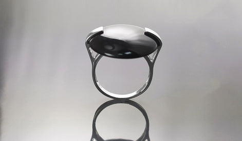 Round Black Ring, Sterling Silver, Statement Onyx Disc Gemstone, Modern Minimalist Jewelry, Domeded Round Stone Ring, Unique Designer Ring