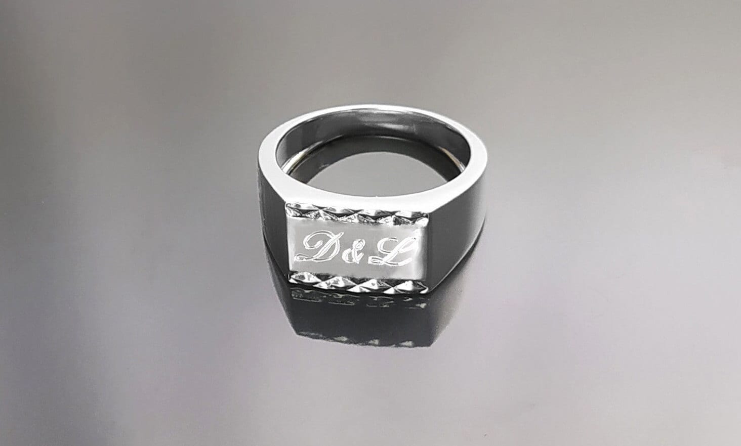 Rectangle Signet Ring, Sterling Silver, Mens Signet Ring, Diamond Faceted Borders, Unisex jewelry Gift, Engraving Name Initials Option