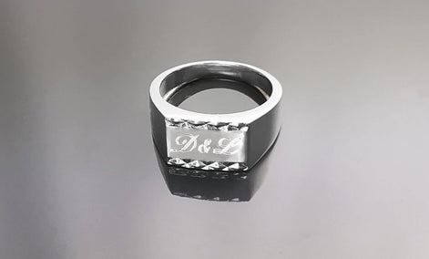 Rectangle Signet Ring, Sterling Silver, Mens Signet Ring, Diamond Faceted Borders, Unisex jewelry Gift, Engraving Name Initials Option