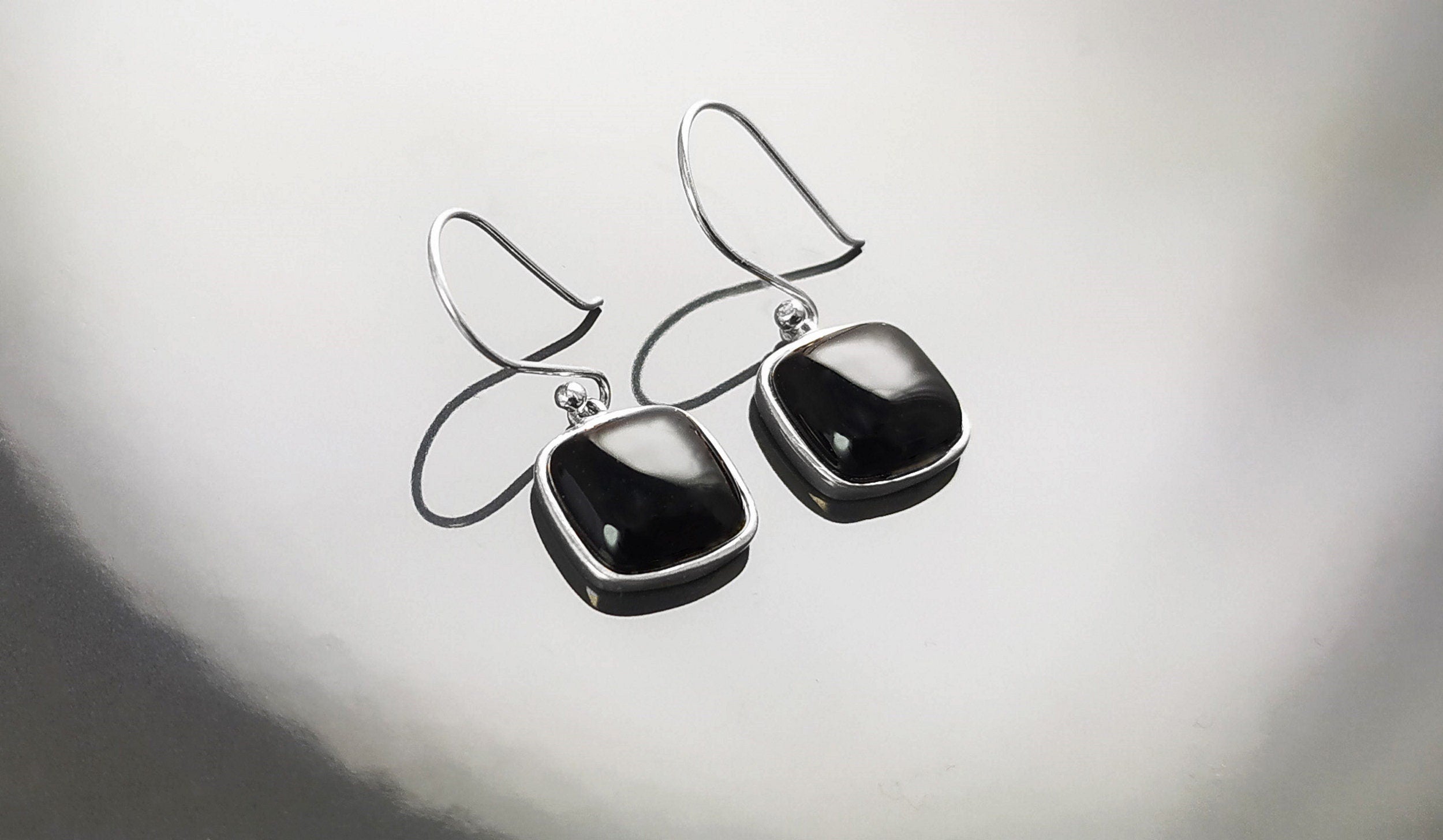 Big Black Rounded Square Earrings and Pendant, Sterling Silver, Black Onyx Gemstone, Geometric Minimalist Jewelry, Necklace, earrings set