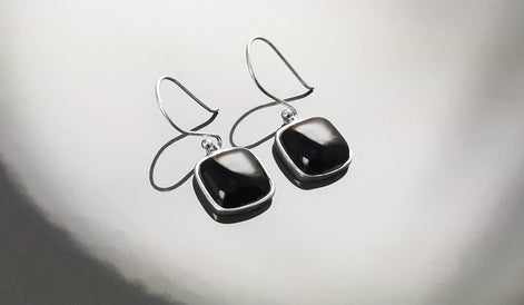 Drop Square Onyx Sterling Silver Earrings, Geometric Minimalist Gemstone Jewelry