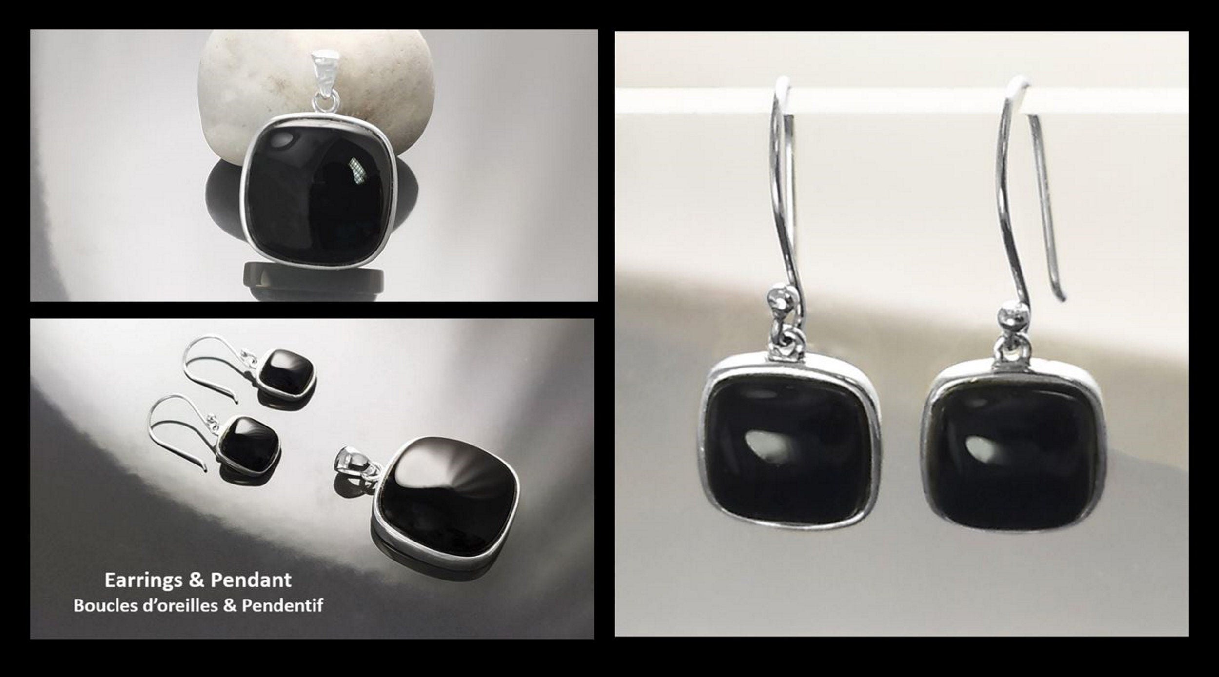 Big Black Rounded Square Pendant, Sterling Silver, Black Onyx Gemstone, Geometric Minimalist Design Round Jewelry, Statement Necklace