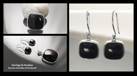 Drop Square Onyx Sterling Silver Earrings, Geometric Minimalist Gemstone Jewelry