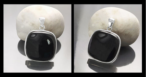 Big Black Rounded Square Pendant, Sterling Silver, Black Onyx Gemstone, Geometric Minimalist Design Round Jewelry, Statement Necklace