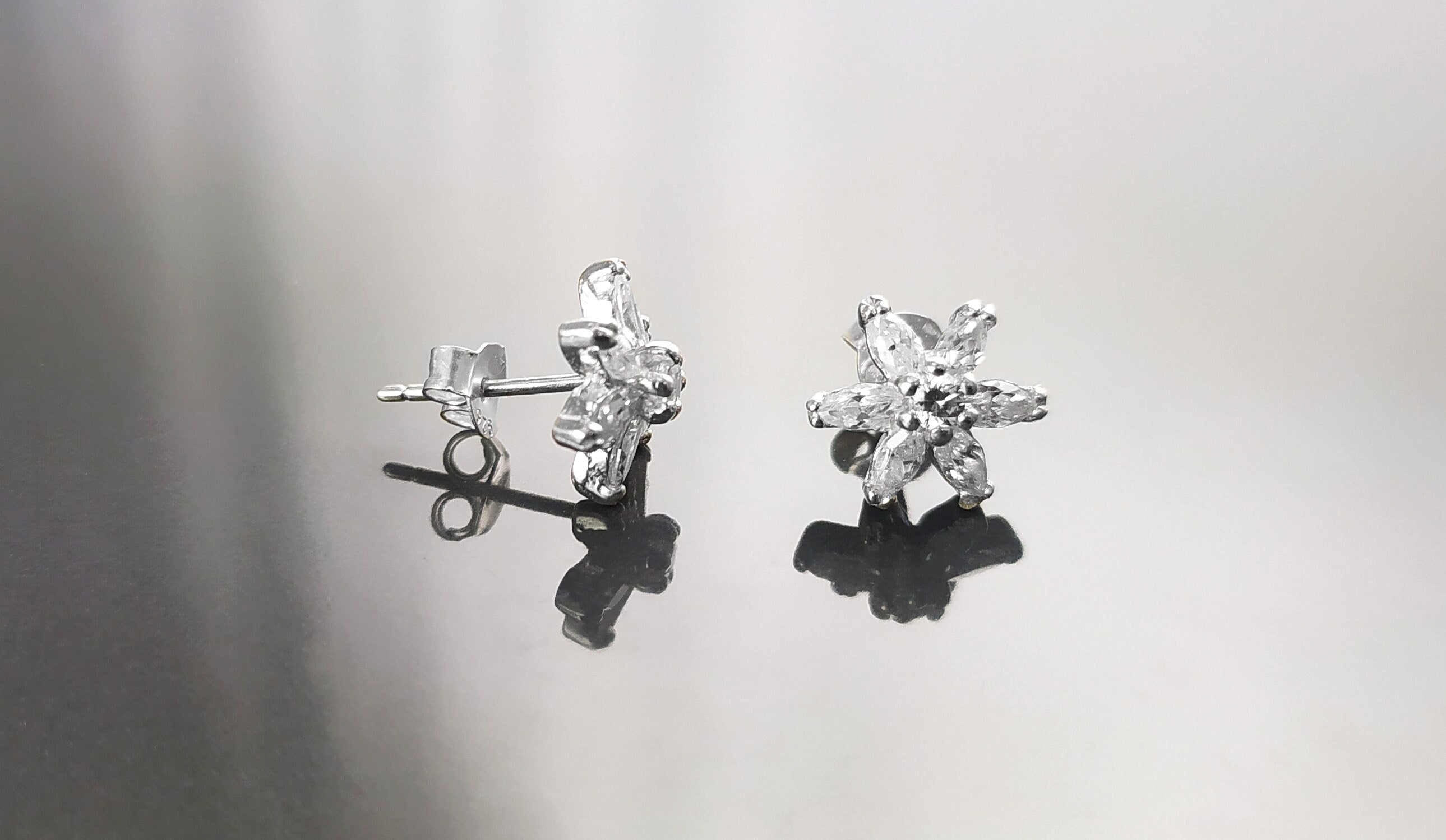 Classic Flower Earrings, Sterling Silver, Dainty Studs, White Color Cz, Tiny Floral jewelry By KRAMIKE