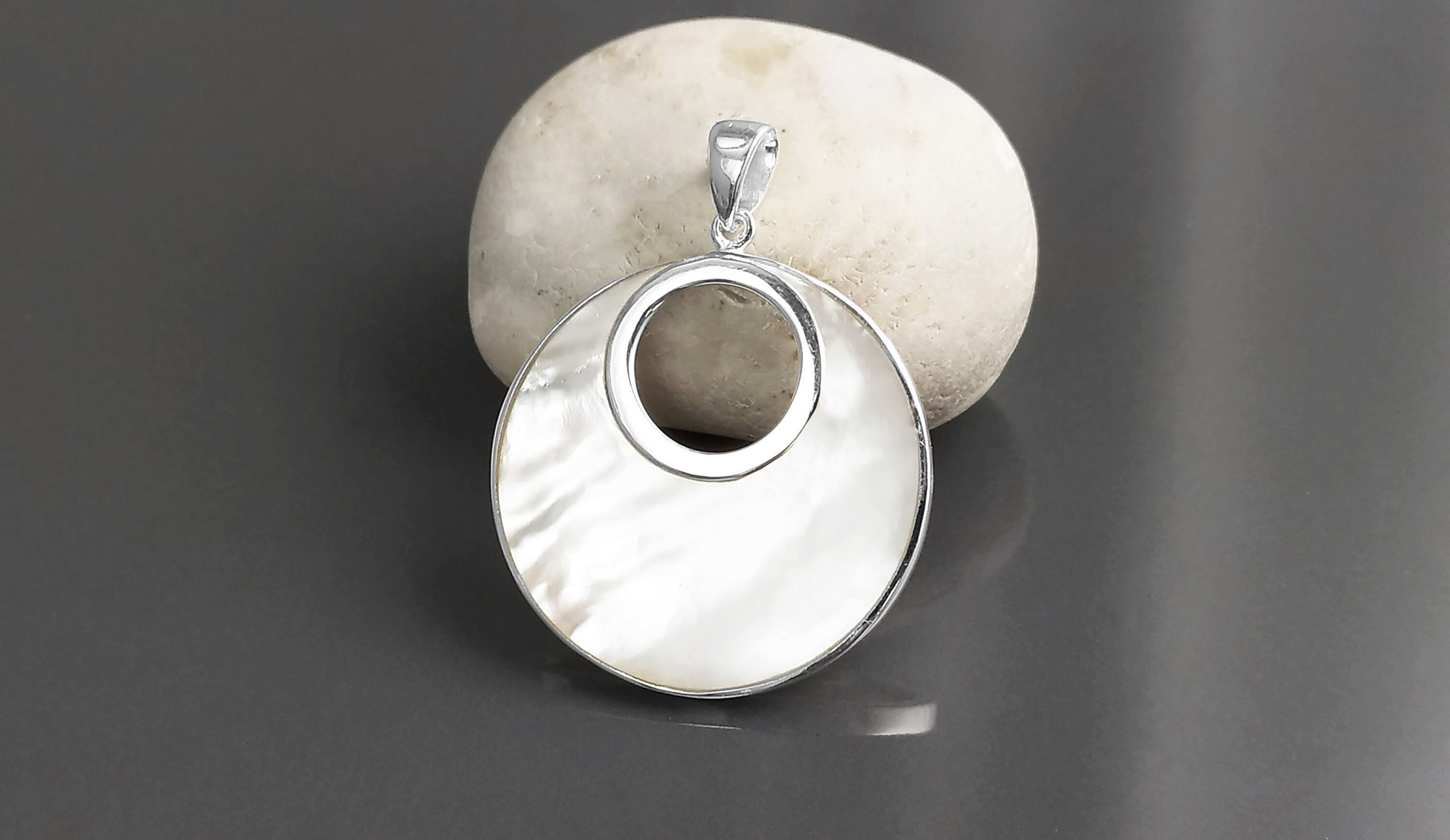Sterling Silver Mother of Pearl Pendant Necklace, Minimalist Geometric Moon