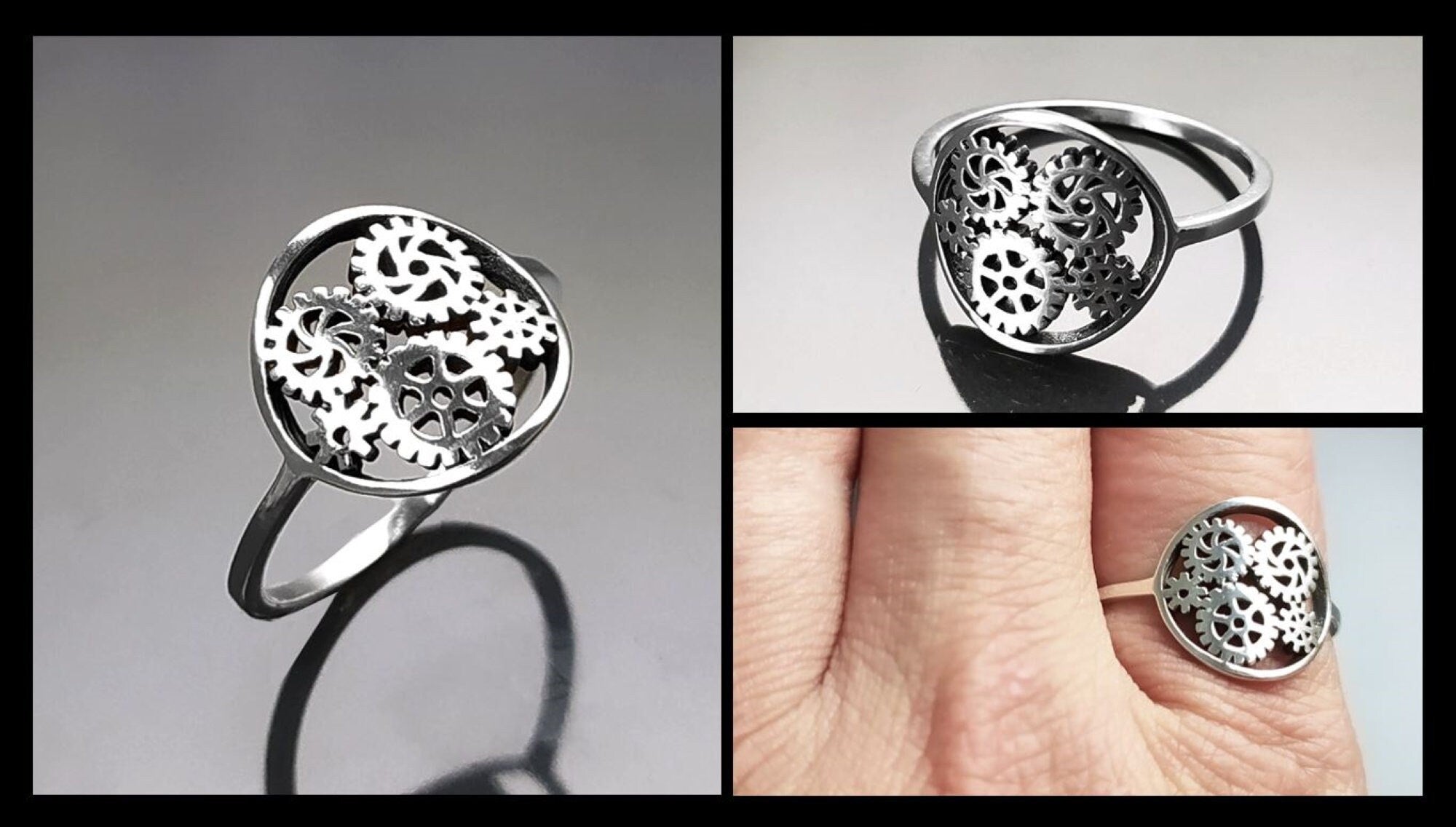 Engrenages ring, sterling silver, gear ring, engineering jewelry, clock mechanical jewelry, transmission ring, Steampunk Geometry Round Ring