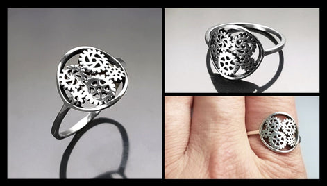 Engrenages ring, sterling silver, gear ring, engineering jewelry, clock mechanical jewelry, transmission ring, Steampunk Geometry Round Ring
