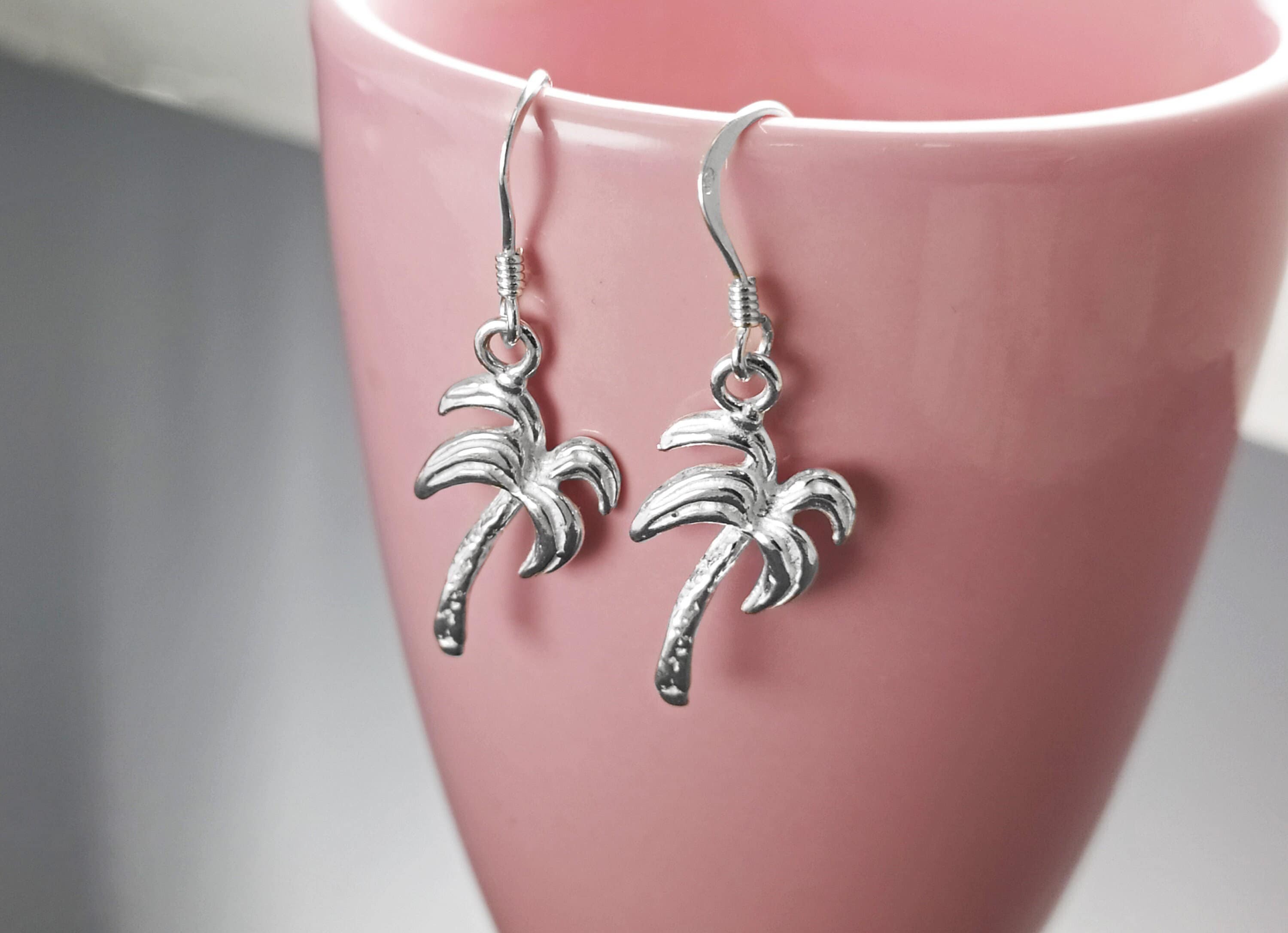 Palm Tree Earrings, Sterling Silver, beachy tropical summer vacation resort Hawaii island Florida California beach Jewelry