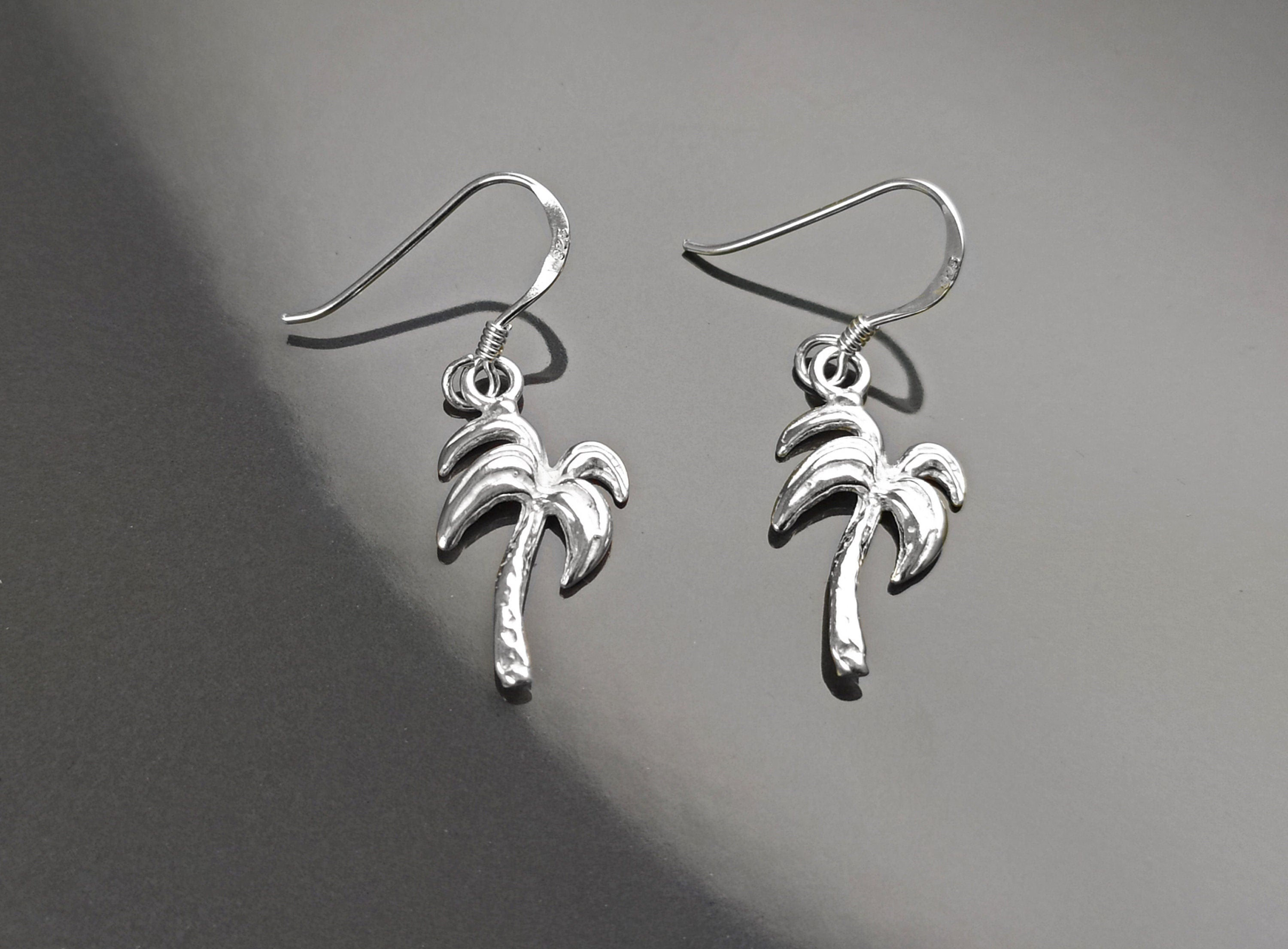 Palm Tree Earrings, Sterling Silver, beachy tropical summer vacation resort Hawaii island Florida California beach Jewelry