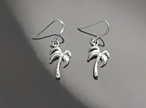 Palm Tree Earrings, Sterling Silver, beachy tropical summer vacation resort Hawaii island Florida California beach Jewelry