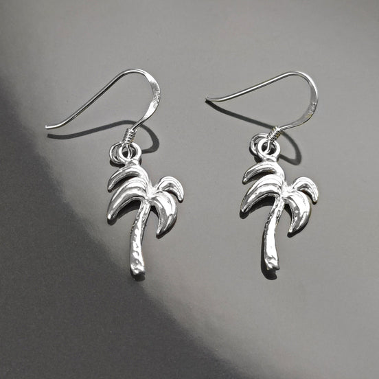 Palm Tree Earrings, Sterling Silver, beachy tropical summer vacation resort Hawaii island Florida California beach Jewelry