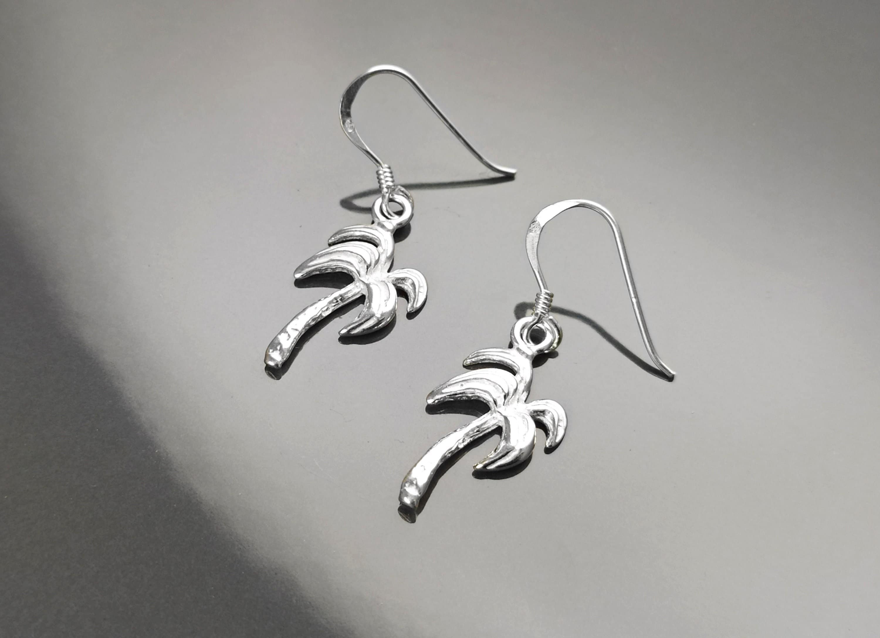 Palm Tree Earrings, Sterling Silver, beachy tropical summer vacation resort Hawaii island Florida California beach Jewelry