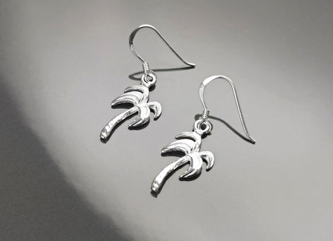Palm Tree Earrings, Sterling Silver, beachy tropical summer vacation resort Hawaii island Florida California beach Jewelry