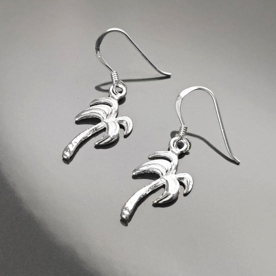 Palm Tree Earrings, Sterling Silver, beachy tropical summer vacation resort Hawaii island Florida California beach Jewelry