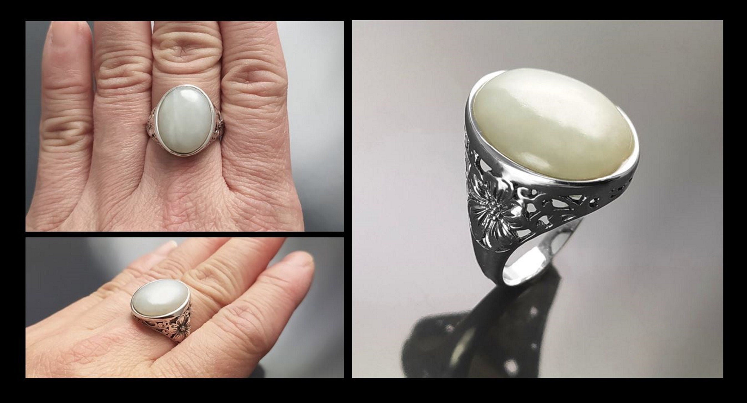 925 Green Jade Sterling Silver Ring, Vintage Filigree Design, Fantasy Silver Jewelry, Light Green Jade Stone Ring