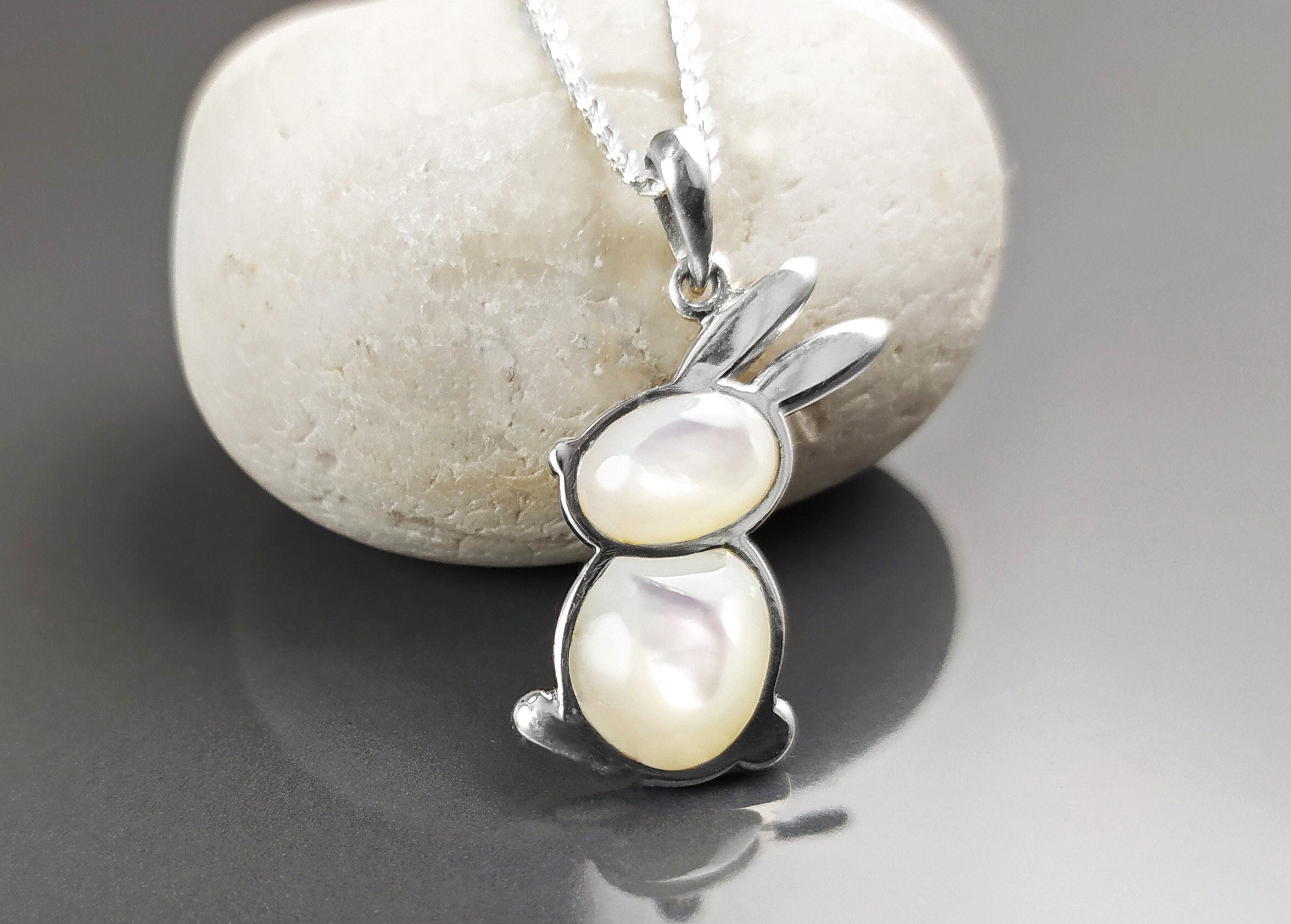 Rabbit Pendant, Sterling Silver, White Mother of Pearl Shell, Bunny Charm, Minimalist Necklace