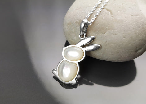 Rabbit Pendant, Sterling Silver, White Mother of Pearl Shell, Bunny Charm, Minimalist Necklace