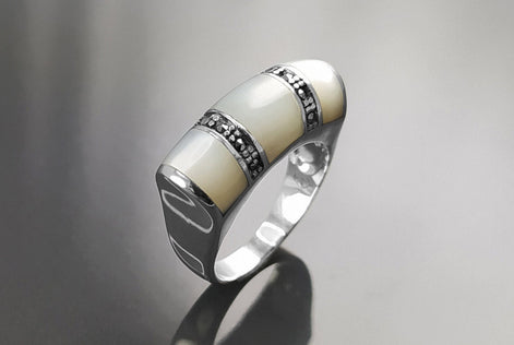 Art Deco Ring, Sterling Silver, White Mother of Pearl Shell, Marcasite Stones Jewelry, Hipster Ring, Vintage Style Ring