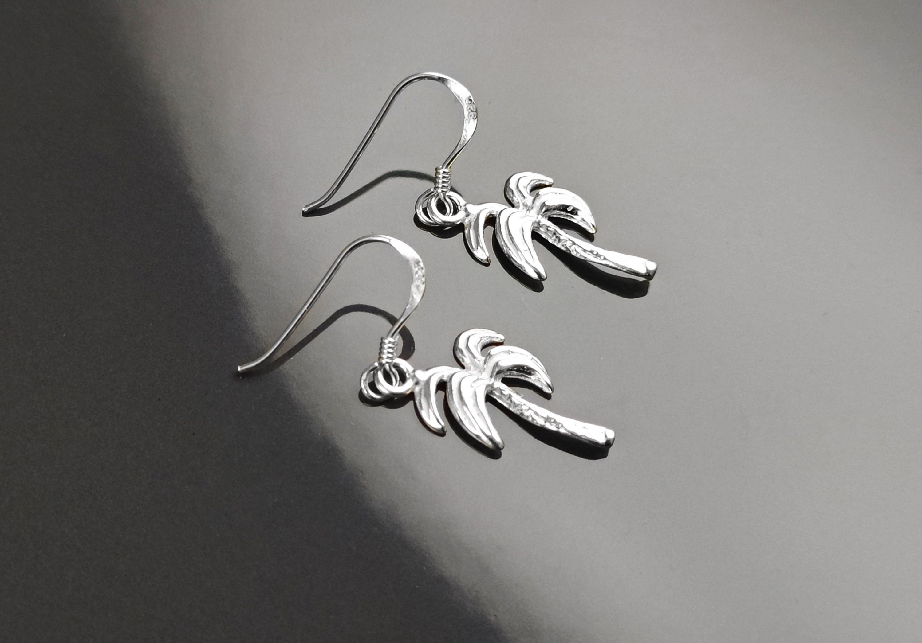 Palm Tree Earrings, Sterling Silver, beachy tropical summer vacation resort Hawaii island Florida California beach Jewelry