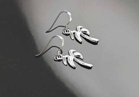 Palm Tree Earrings, Sterling Silver, beachy tropical summer vacation resort Hawaii island Florida California beach Jewelry