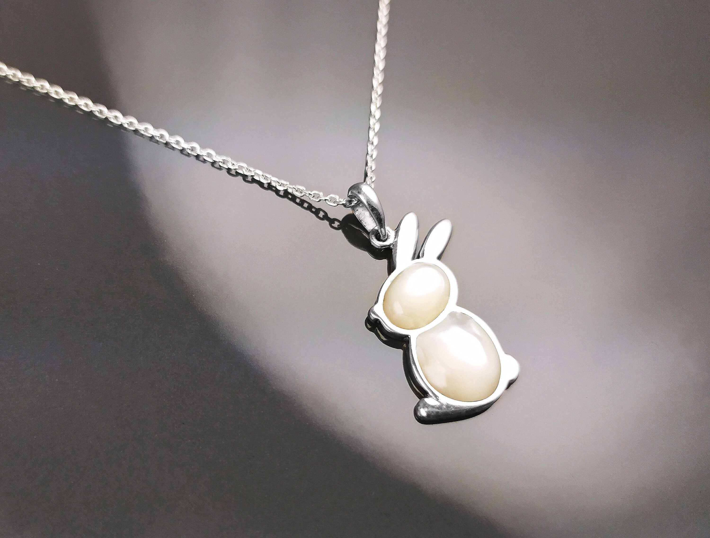 Rabbit Pendant, Sterling Silver, White Mother of Pearl Shell, Bunny Charm, Minimalist Necklace