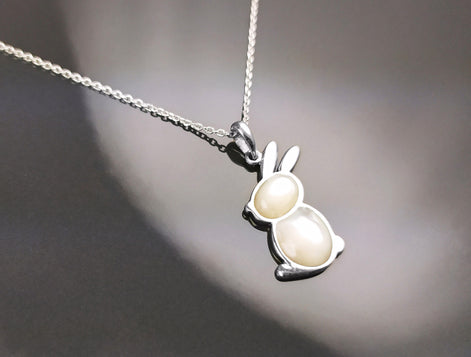 Rabbit Pendant, Sterling Silver, White Mother of Pearl Shell, Bunny Charm, Minimalist Necklace