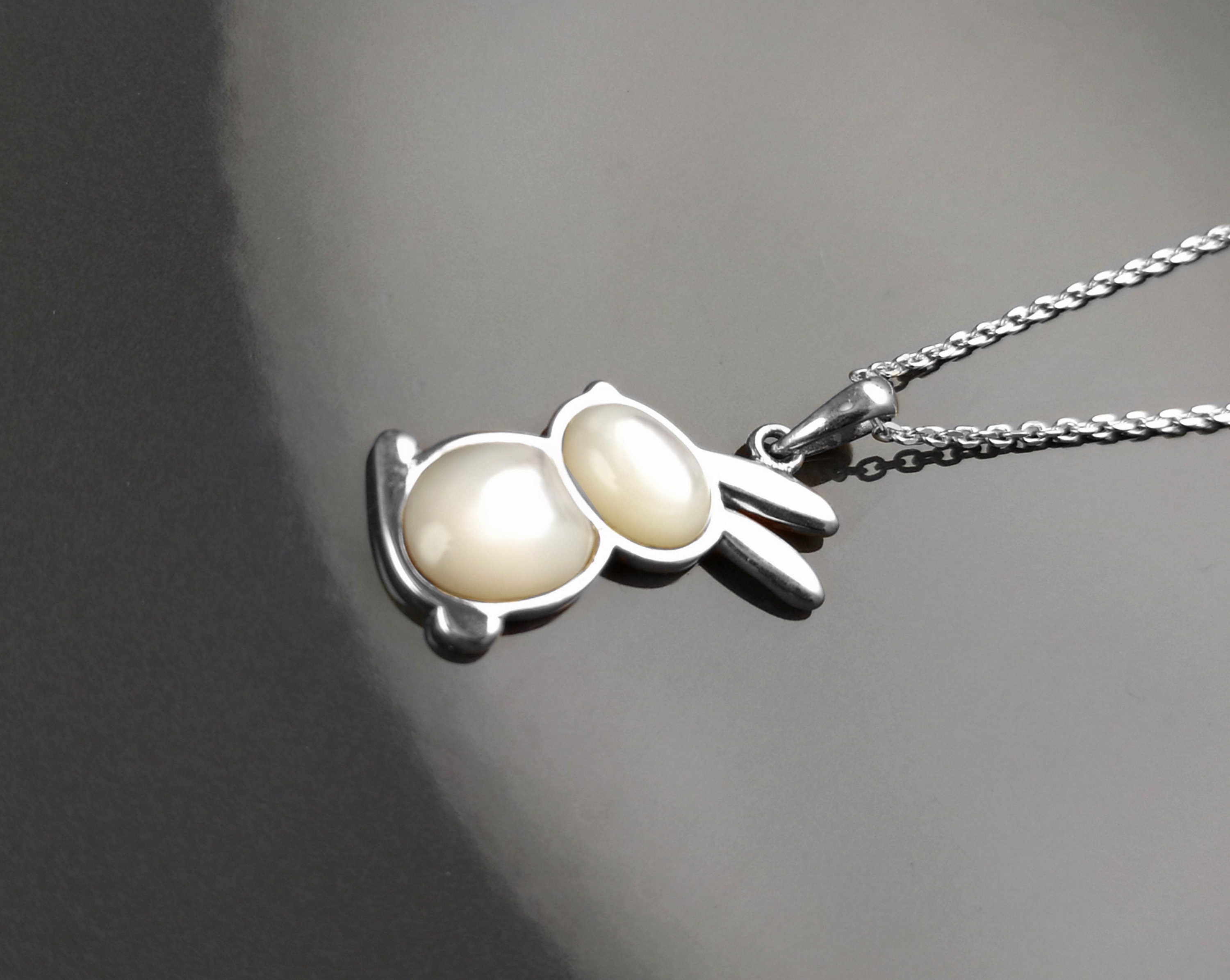 Rabbit Pendant, Sterling Silver, White Mother of Pearl Shell, Bunny Charm, Minimalist Necklace