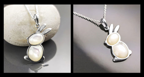 Rabbit Pendant, Sterling Silver, White Mother of Pearl Shell, Bunny Charm, Minimalist Necklace
