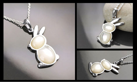 Rabbit Pendant, Sterling Silver, White Mother of Pearl Shell, Bunny Charm, Minimalist Necklace