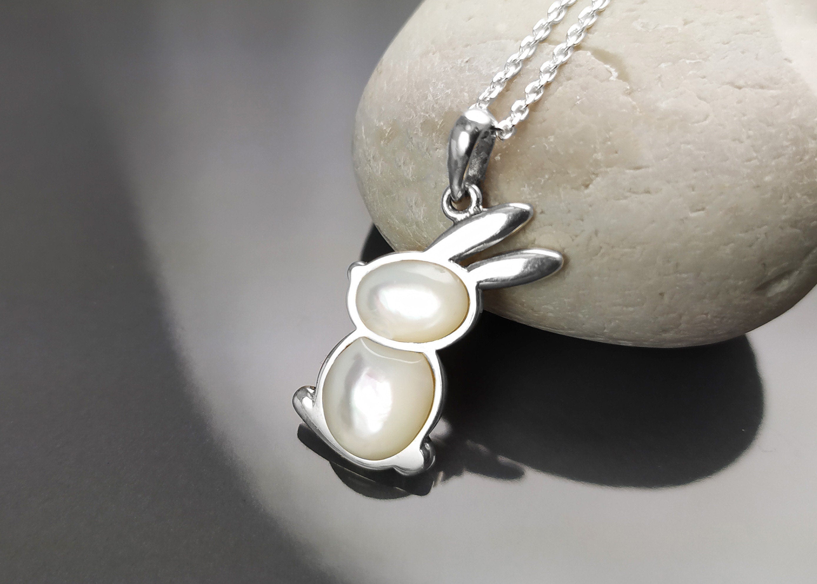 Rabbit Pendant, Sterling Silver, White Mother of Pearl Shell, Bunny Charm, Minimalist Necklace