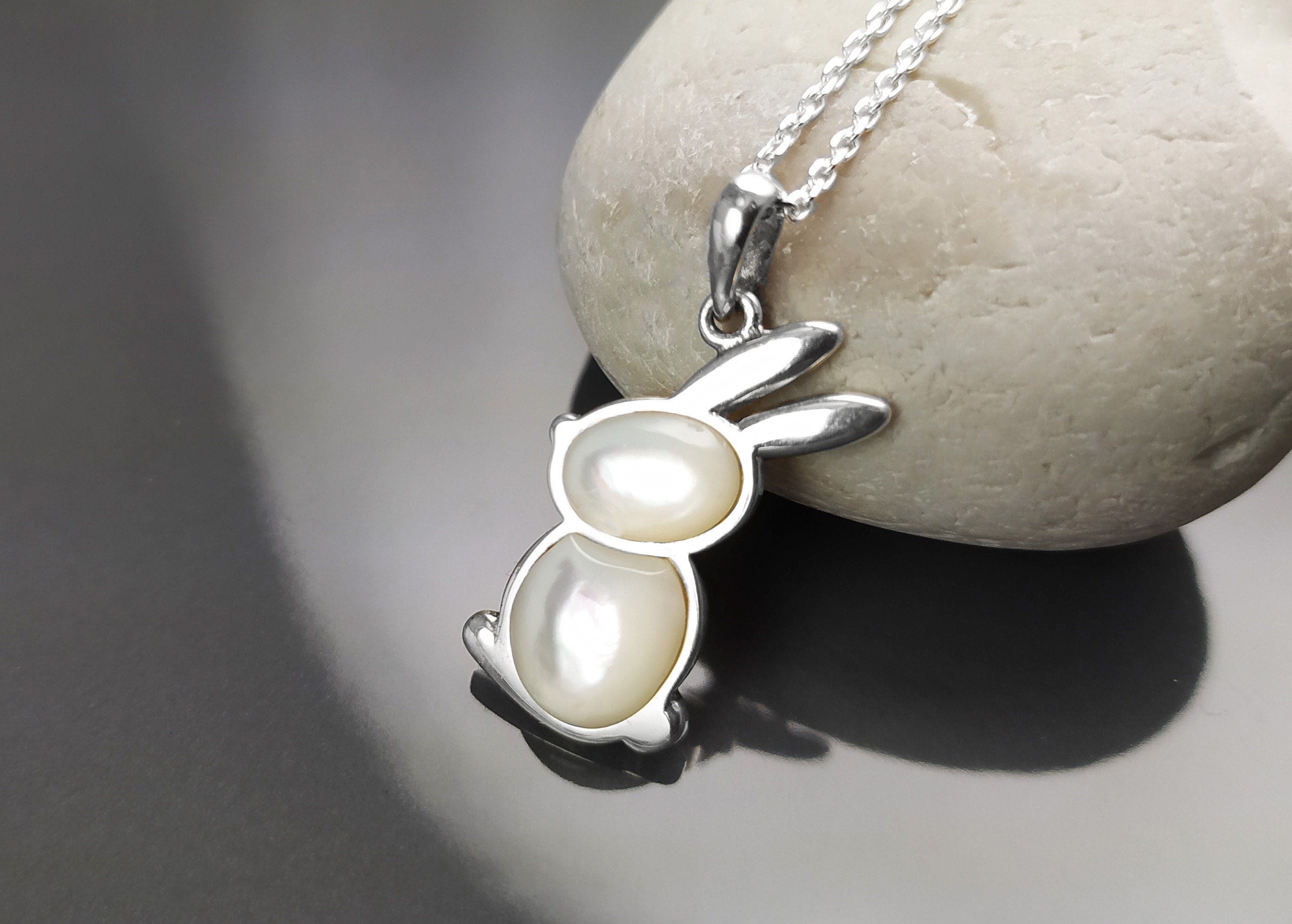 Rabbit Pendant, Sterling Silver, White Mother of Pearl Shell, Bunny Charm, Minimalist Necklace